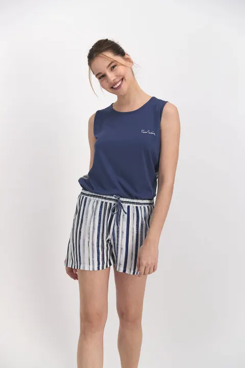 Pijama dama cu elastic si cordon, bleumarin