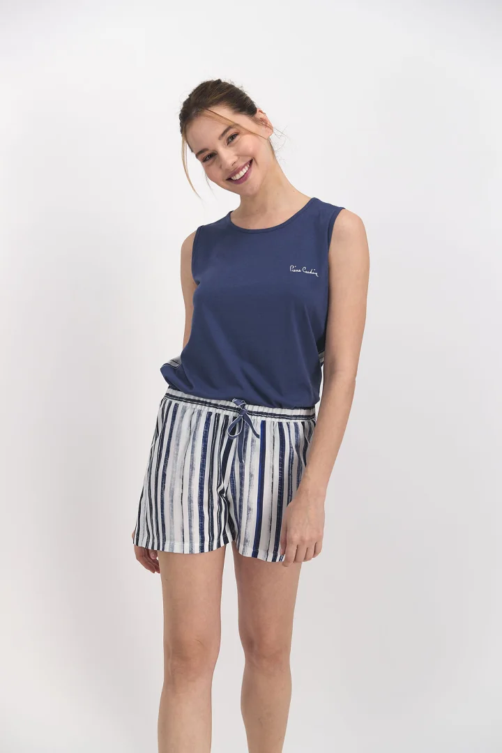 Pijama dama cu elastic si cordon, bleumarin