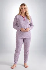 Pijama damă Big Size din bumbac, cu mânecă lungă și pantaloni lungi, imprimeu floral, mov