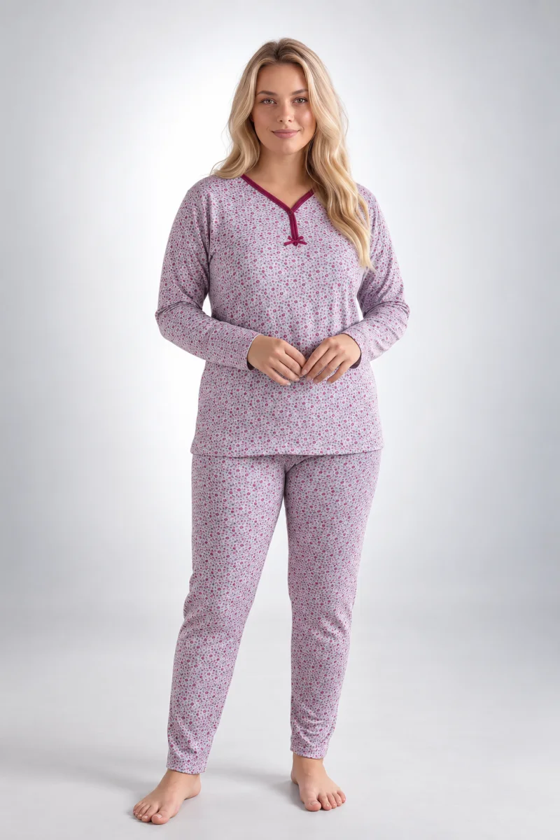 Pijama damă Big Size din bumbac, cu mânecă lungă și pantaloni lungi, imprimeu floral, mov