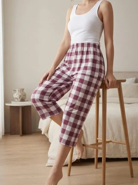 Pantaloni de pijama dama 3/4 alb si bordo