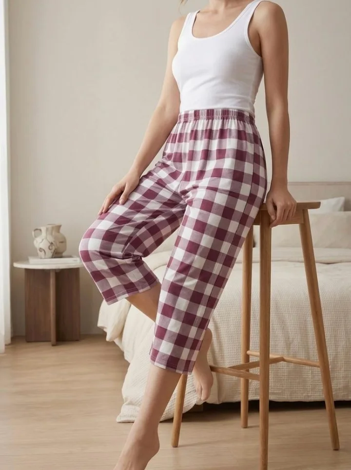 Pantaloni de pijama dama 3/4 alb si bordo