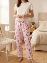 Pantaloni de pijama de dama roz cu cirese