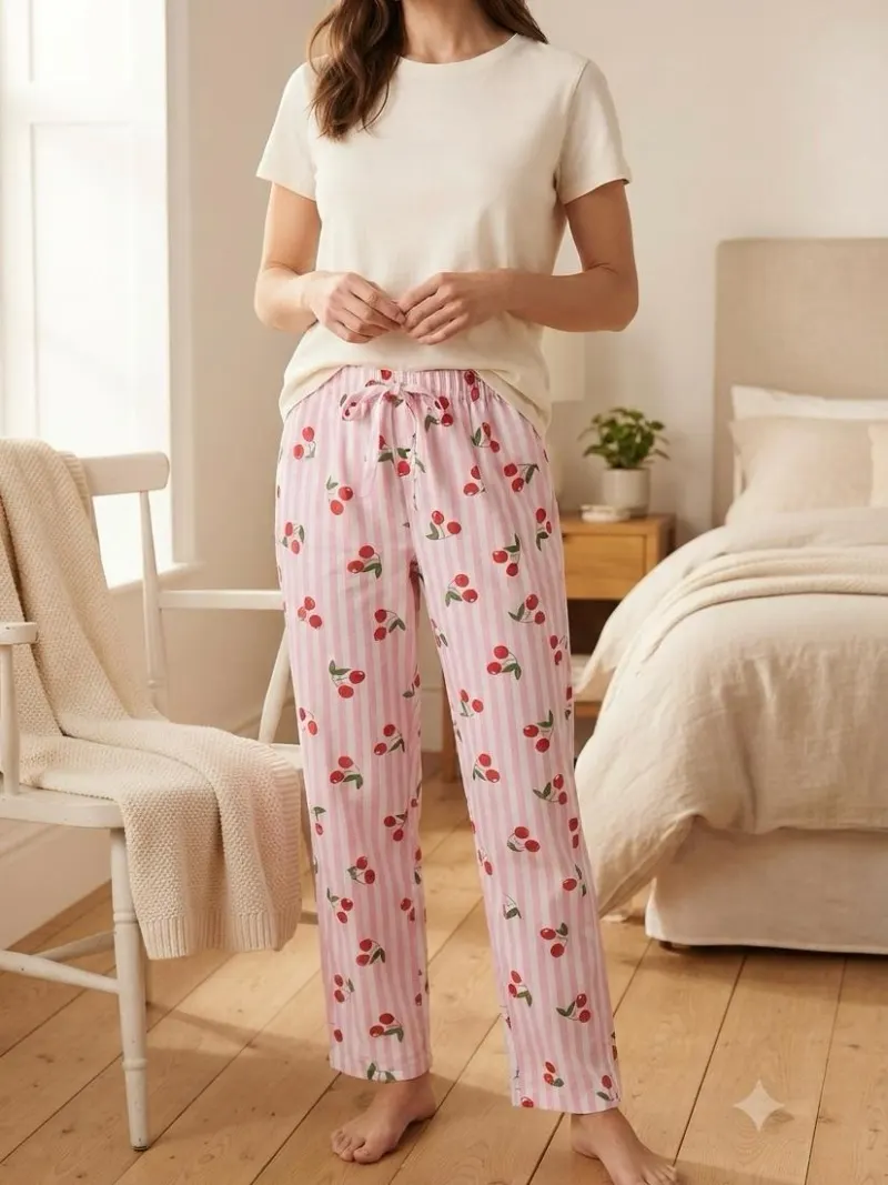 Pantaloni de pijama de dama roz cu cirese