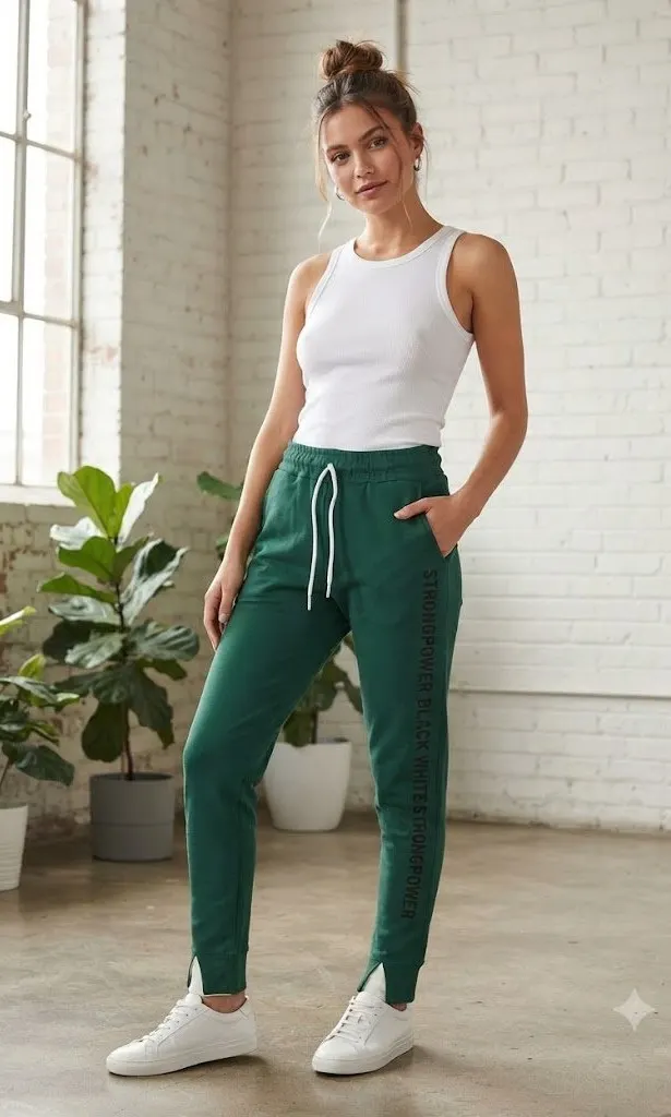 Pantaloni damă verde inchis cu imprimeu lateral „Strong Power”