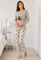 Pijama de dama bej cu maneca lunga si pantaloni lungi albi cu ursi