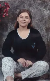 Pijama damă, cu mânecă lungă și pantaloni lungi, imprimeu floral, albastru