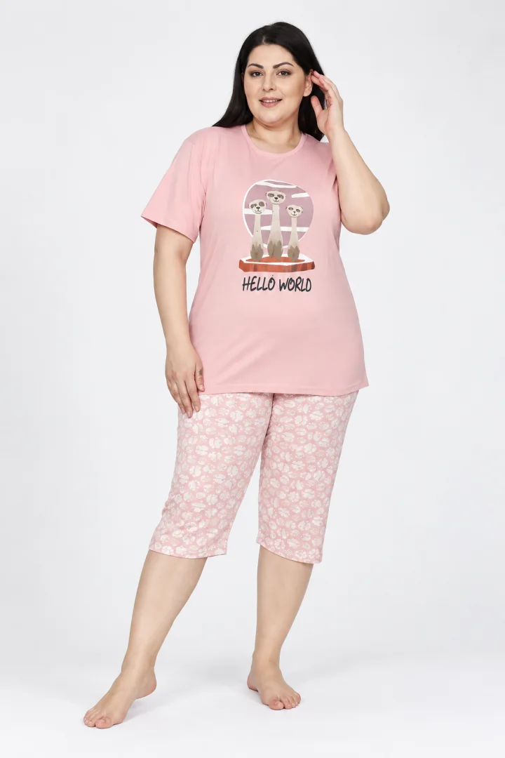 Pijama dama tricou roz cu imprimeu „Hello World”