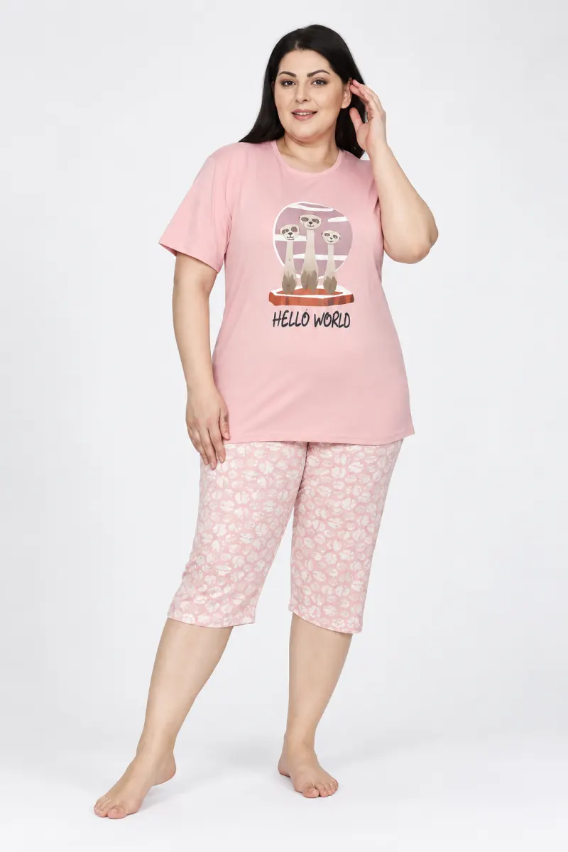 Pijama dama tricou roz cu imprimeu „Hello World”