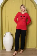 Pijama damă, cu mânecă lungă și pantaloni lungi, imprimeu pisică