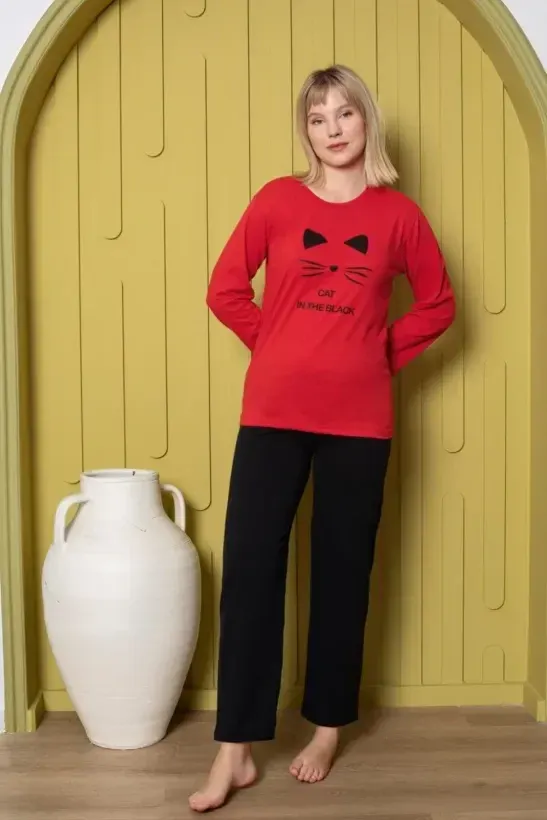Pijama damă, cu mânecă lungă și pantaloni lungi, imprimeu pisică