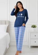 Pijama de dama cu bluza blumarin cu maneca lunga si pantaloni lungi blue cu carouri