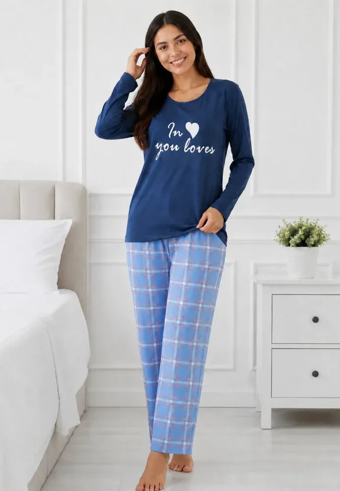 Pijama de dama cu bluza blumarin cu maneca lunga si pantaloni lungi blue cu carouri