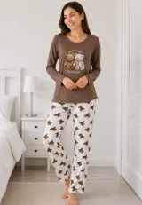 Pijama de dama maro cu maneca lunga si pantaloni lungi albi cu ursi