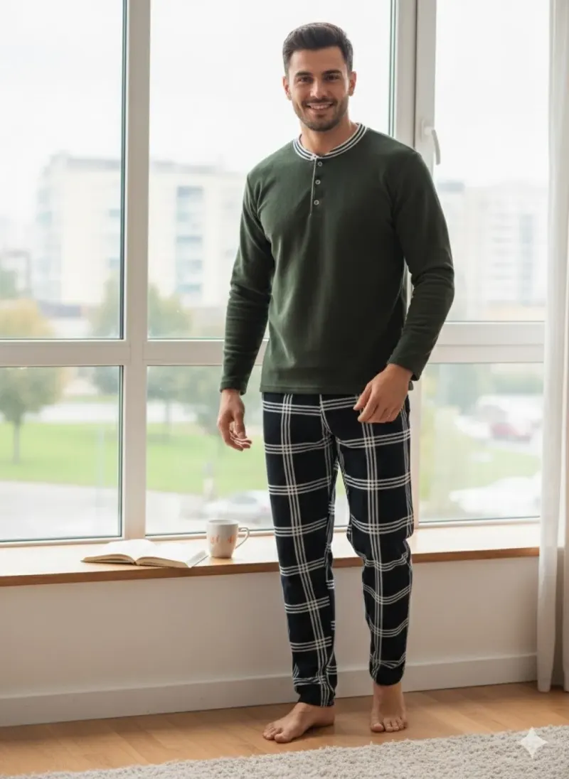 Pijamale bărbați polar kaki și bleumarin în carouri