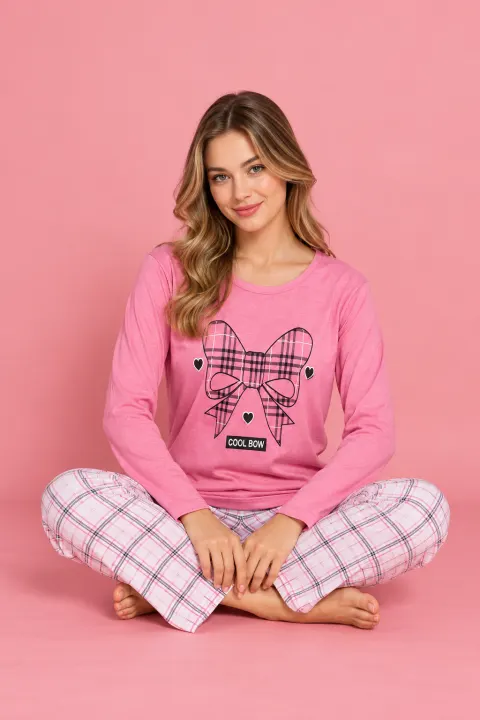 Pijama damă, cu  imprimeu Cool Bow, roz