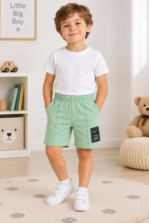 Pantaloni scurți sport copii cu dungă decorativă, Verde