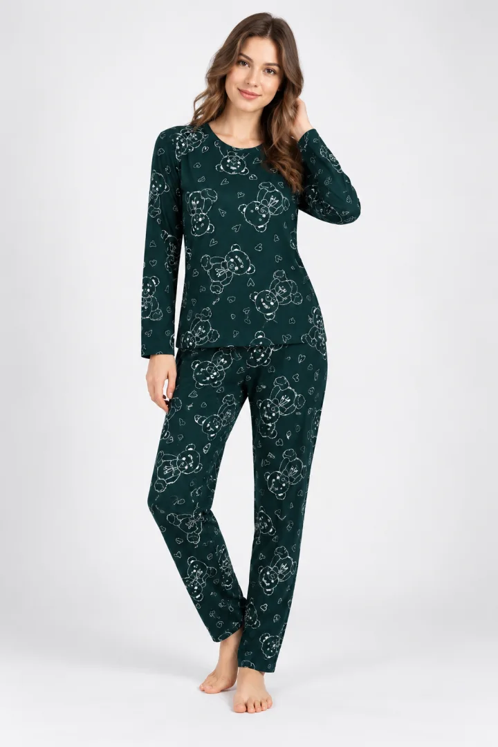 Pijama Damă Verde Închis cu Imprimeu Ursuleți