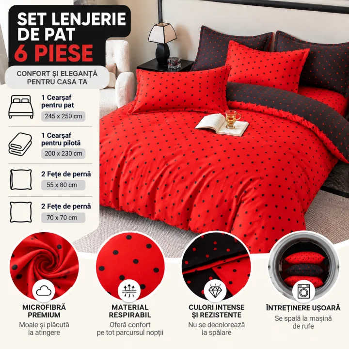 Set Lenjerie de Pat Dublu din Microfibră Premium, 6 Piese, Cearșaf 245x250 cm