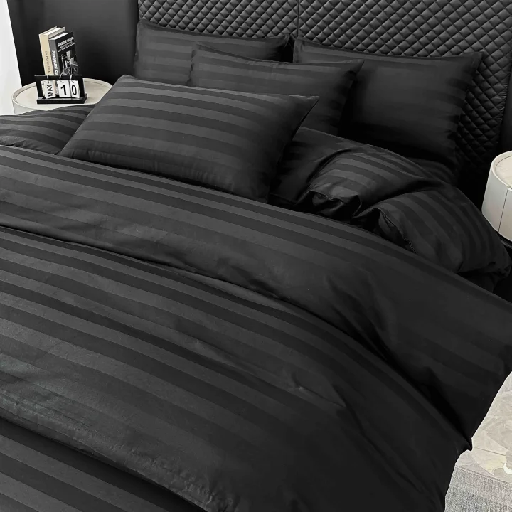 Lenjerie de Pat 100% Bumbac Damasc Deluxe, 6 Piese, Cearșaf cu Elastic 180x200 cm, Husă Pilotă 200x230 cm
