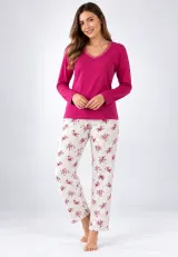 Pijama de dama fucsia cu maneca lunga si pantaloni lungi albi cu flori