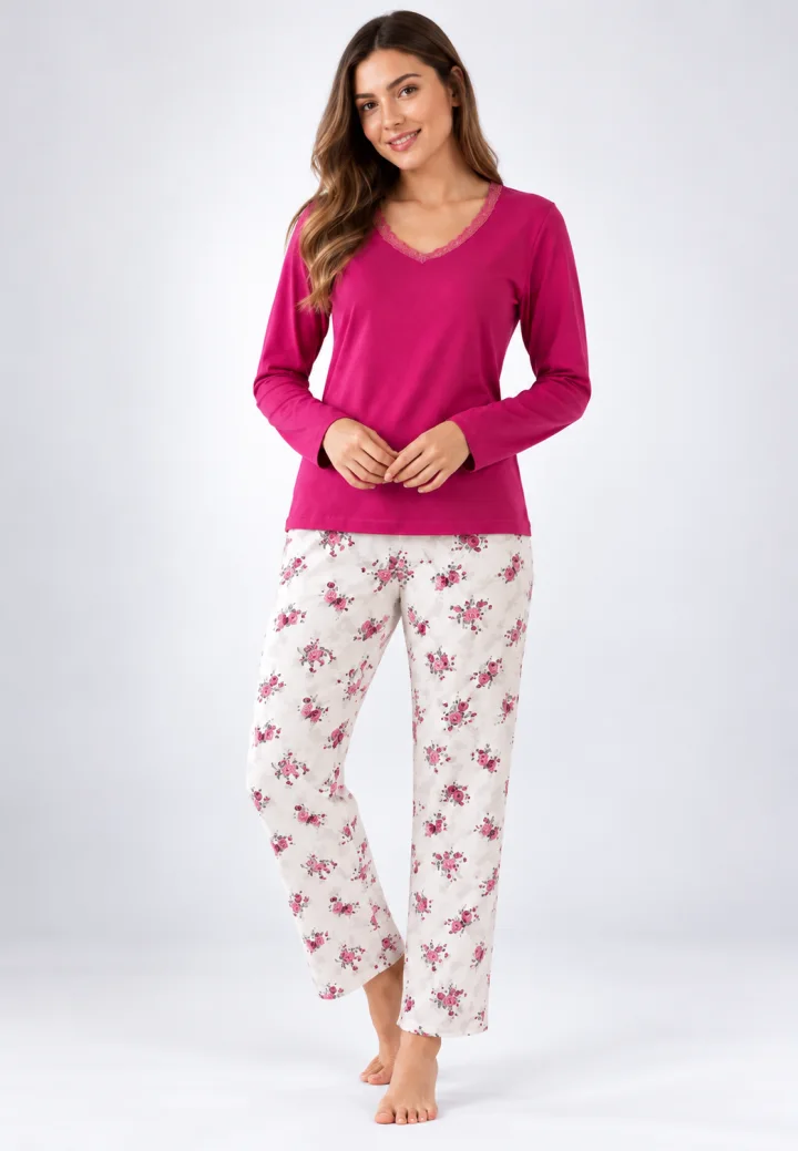 Pijama de dama fucsia cu maneca lunga si pantaloni lungi albi cu flori