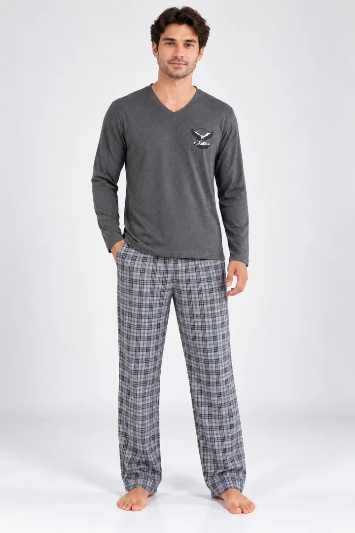 Pijama barbat gri cu carouri gri