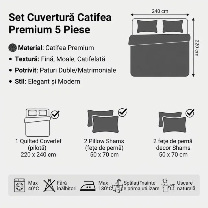 Set Cuvertură de Pat Dublu din Catifea Premium, 5 Piese, 220x240 cm, cu Fețe de Pernă Decorative