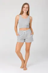 Compleu damă casual din bumbac, set cu top scurt și pantaloni scurți cu buzunare, gri