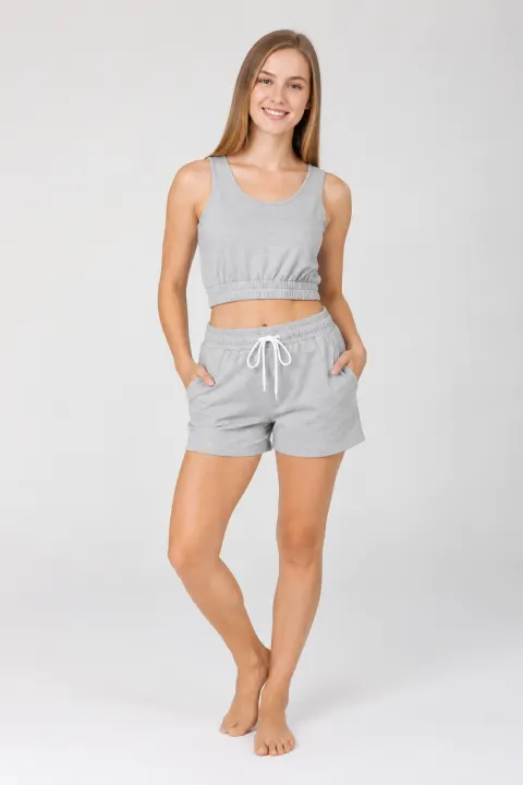 Compleu damă casual din bumbac, set cu top scurt și pantaloni scurți cu buzunare, gri