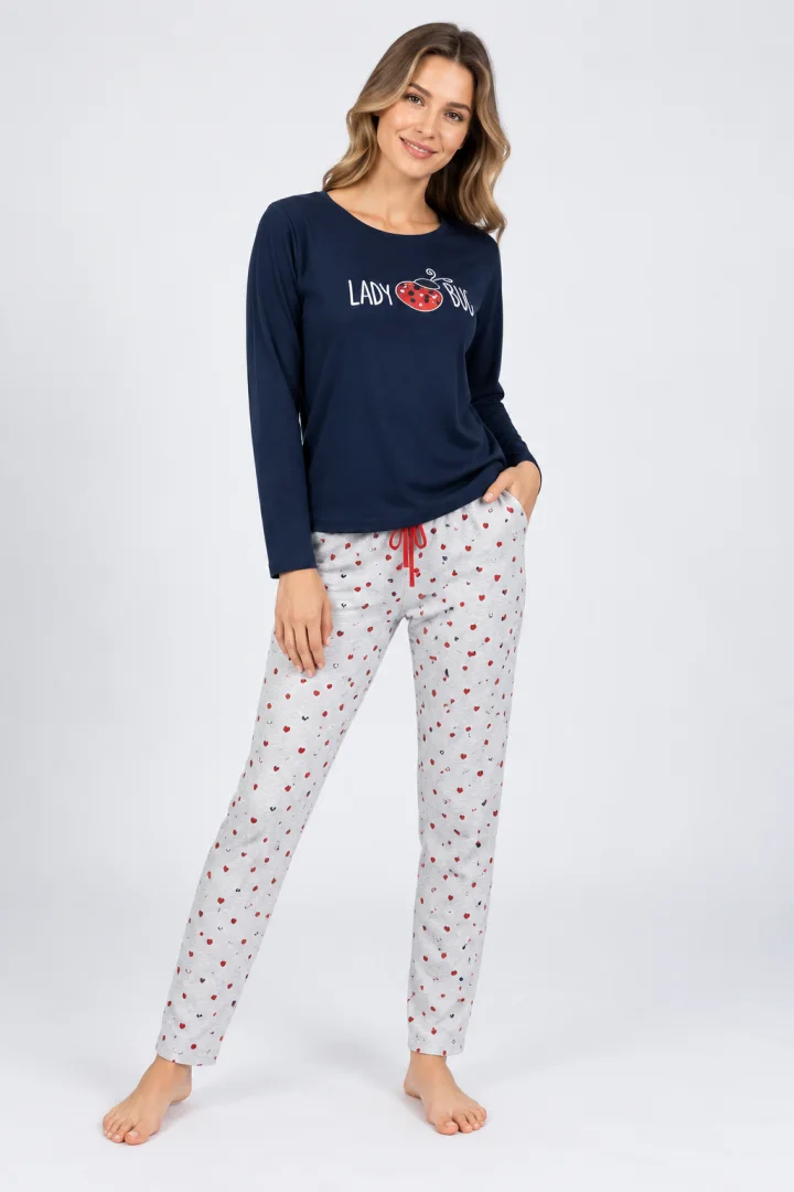 Pijamale damă cu mânecă lungă și pantaloni lungi, imprimeu buburuză