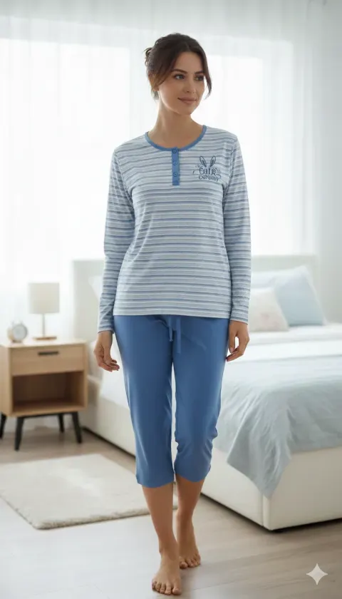 Pijamale damă,  imprimeu Little Bunny, Albastru