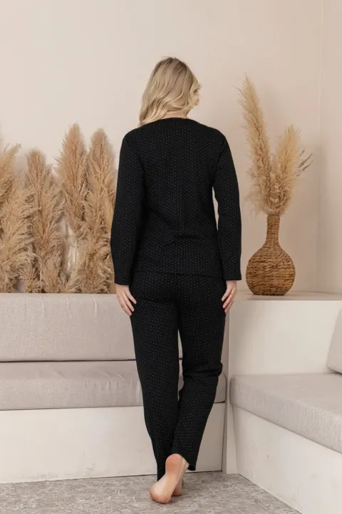 Pijama Damă de Iarnă – Negru cu Picățele Albe