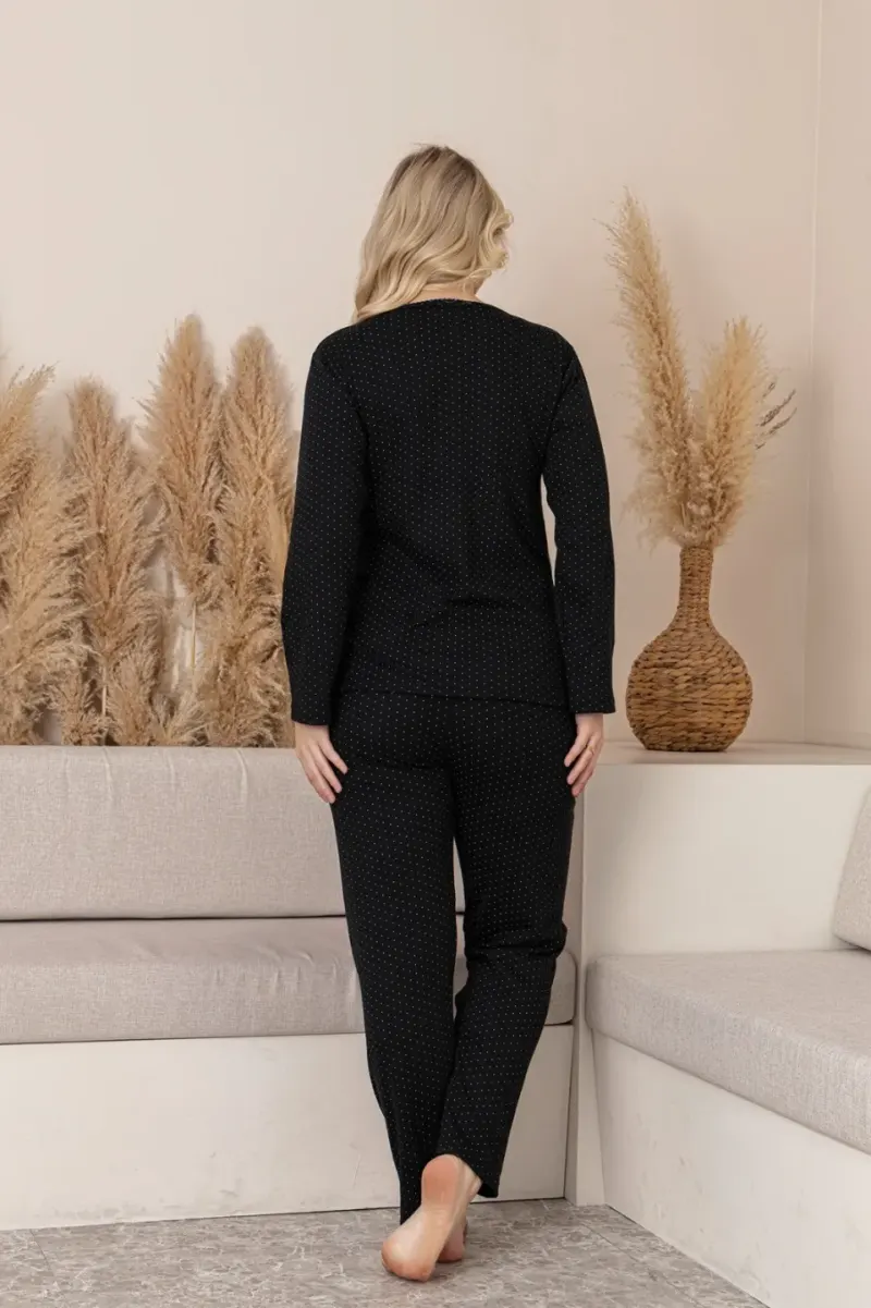 Pijama Damă de Iarnă – Negru cu Picățele Albe