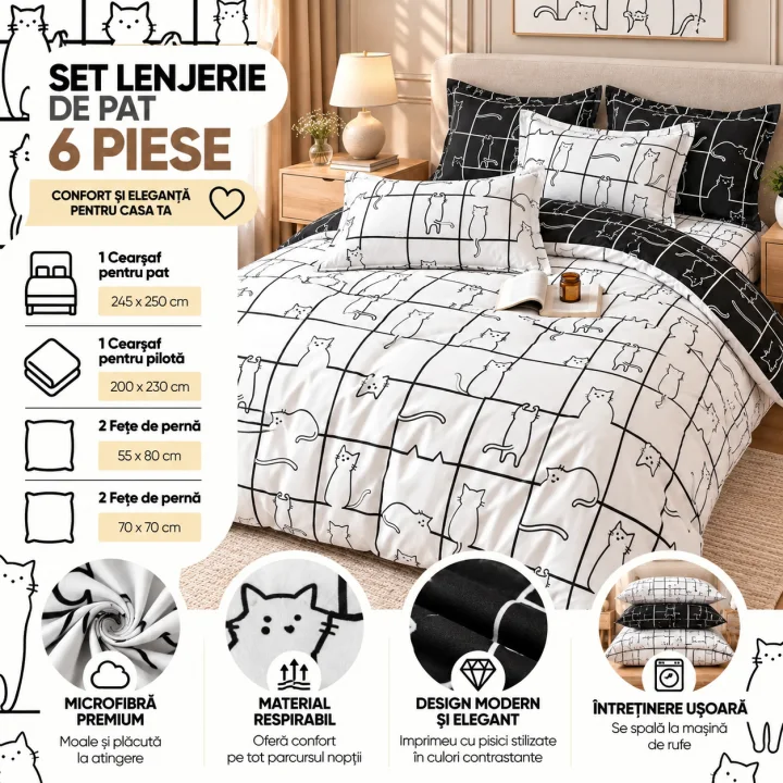 Set Lenjerie de Pat Dublu din Microfibră Premium, 6 Piese, Cearșaf 245x250 cm
