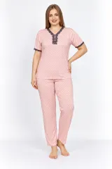 Pijamale damă Big Size, mânecă scurtă, pantaloni lungi, culoare roz, imprimeu buline