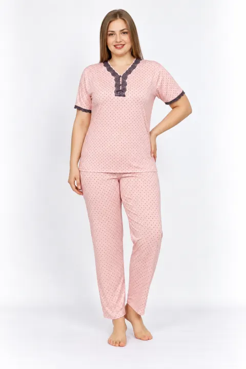 Pijamale damă Big Size, mânecă scurtă, pantaloni lungi, culoare roz, imprimeu buline