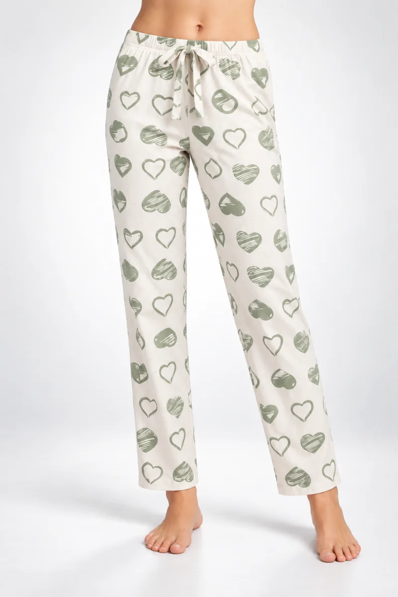 Pantaloni de pijama de dama alb cu inimi verzi