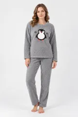Pijamale damă cocolino gri deschis cu imprimeu pinguin