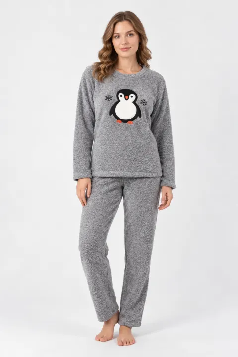 Pijamale damă cocolino gri deschis cu imprimeu pinguin