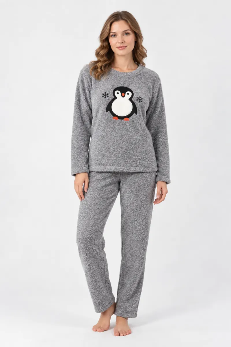 Pijamale damă cocolino gri deschis cu imprimeu pinguin