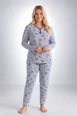Pijama damă Big Size din bumbac, cu mânecă lungă și pantaloni lungi, gri cu imprimeu floral albastru