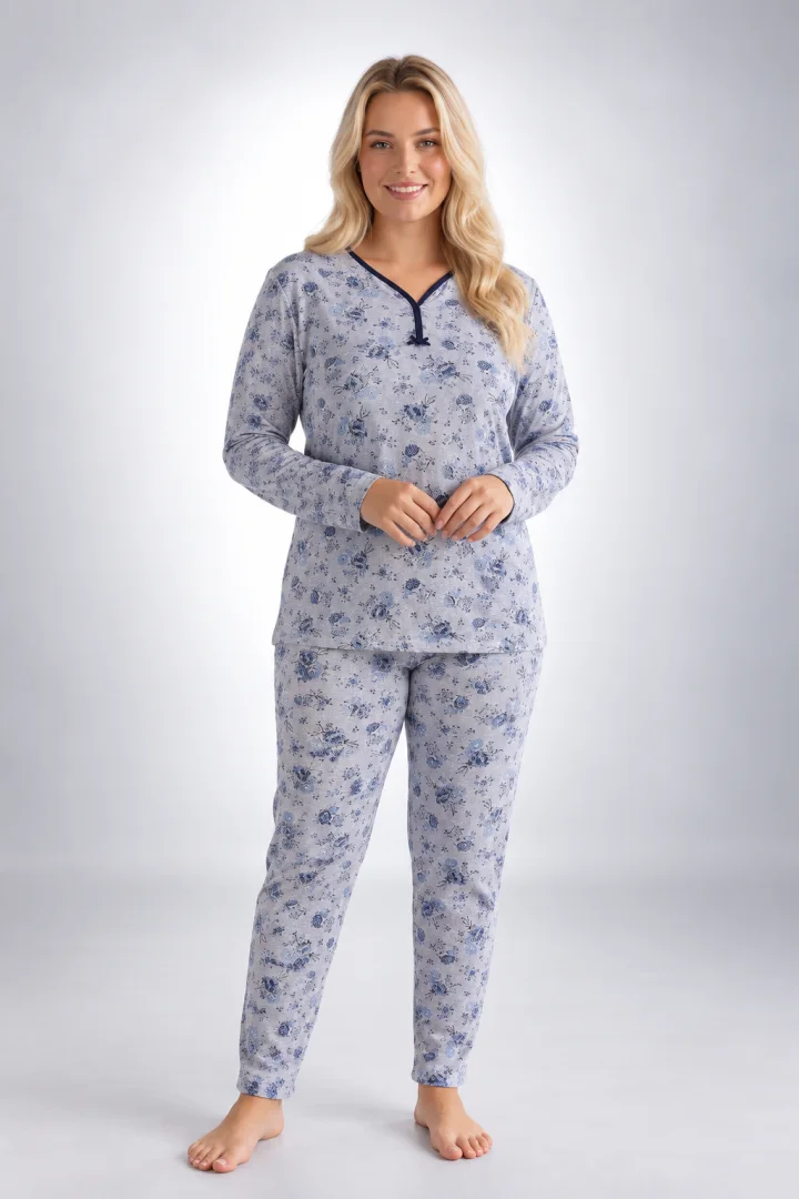 Pijama damă Big Size din bumbac, cu mânecă lungă și pantaloni lungi, gri cu imprimeu floral albastru