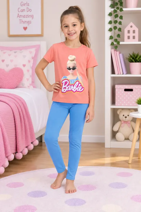 Pijama fetițe Barbie – tricou și colanți 3/4, corai