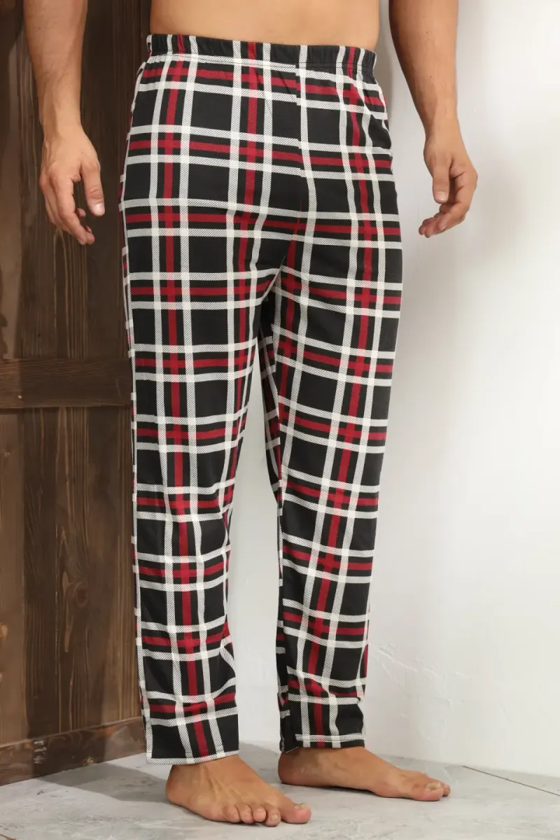 Pantaloni pijama bărbați negru cu carouri rosii și linii albe