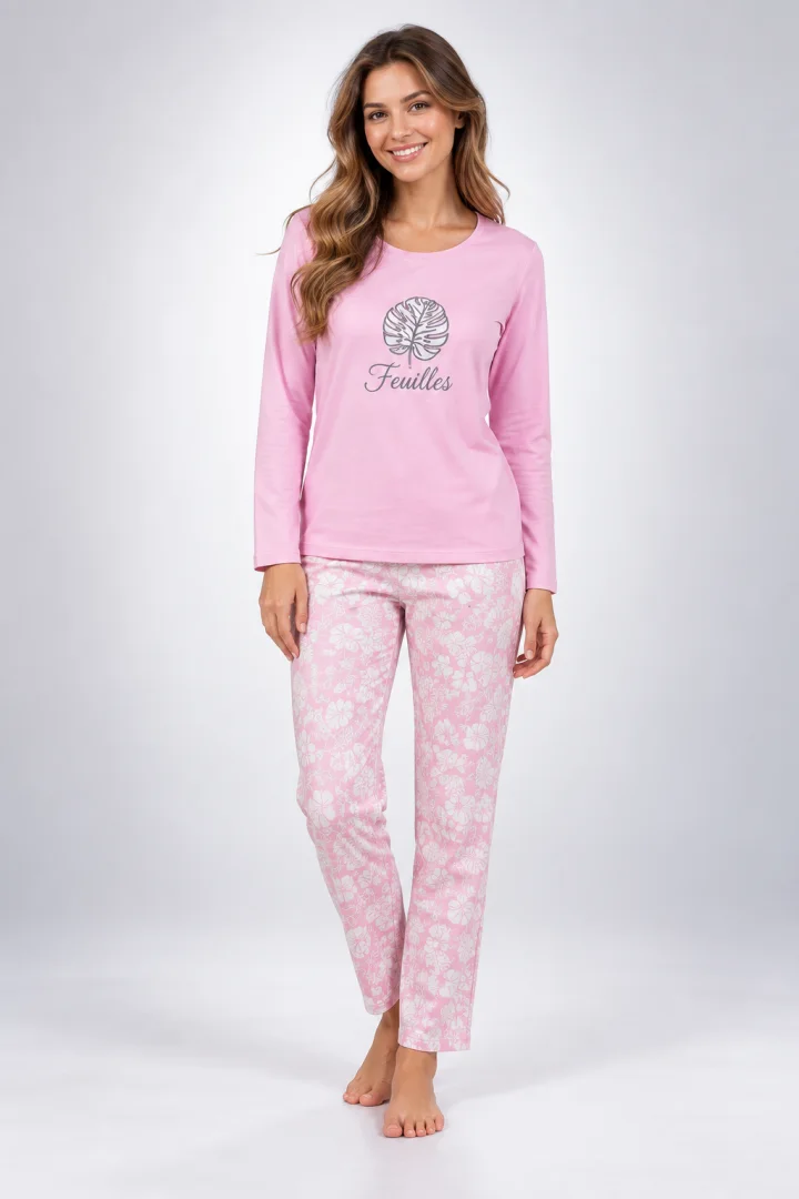 Pijama damă cu mânecă lungă și pantaloni lungi cu imprimeu