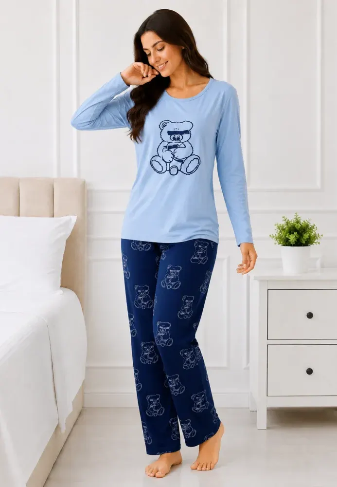 Pijama de dama cu bluza cu maneca lunga blue si pantaloni lungi blumarin
