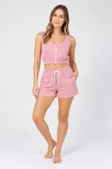 Compleu damă casual din bumbac, set cu top scurt și pantaloni scurți cu buzunare, roz