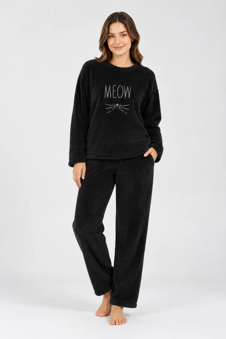 Pijama damă cocolino neagră cu imprimeu „Meow”