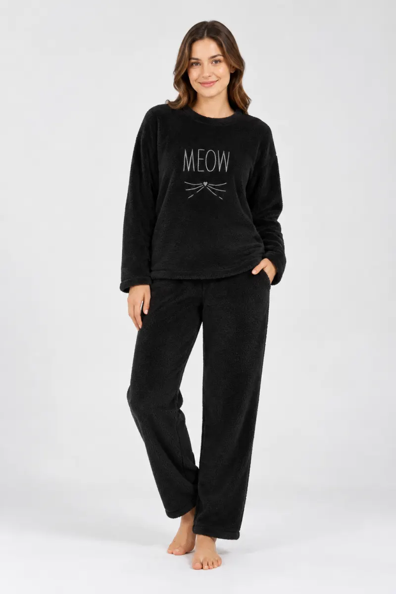 Pijama damă cocolino neagră cu imprimeu „Meow”